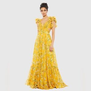 MAC DUGGAL Yellow Ruffle Tiered Floral Cut-Out Chiffon Gown